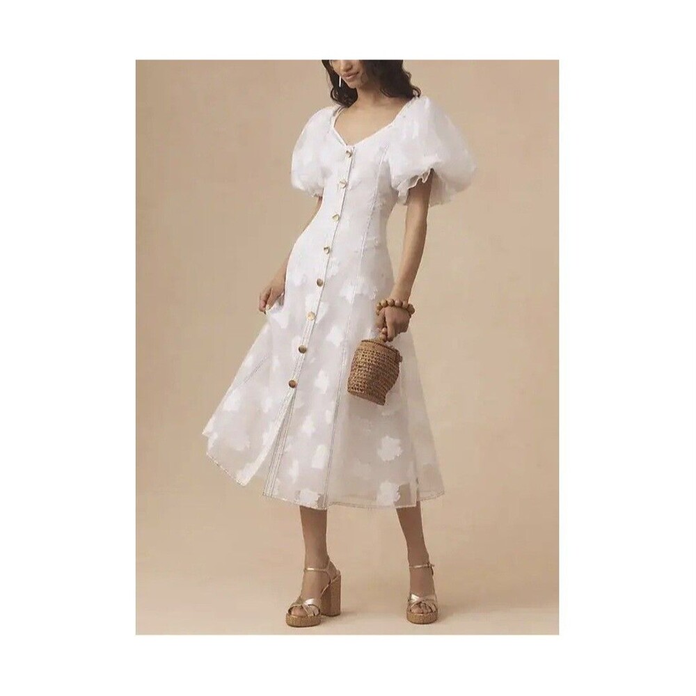 Anthropologie Let Me Be Midi Dress White Women S Puff Sleeve Bridal Graduation - Picture 3 of 17